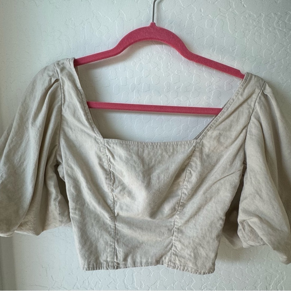 Open Edit Tan Puff Sleeve Crop Top